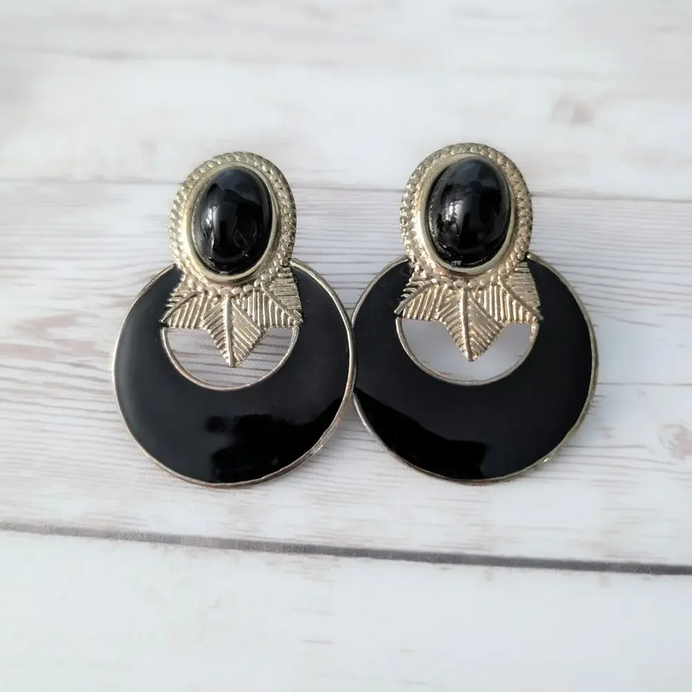 Vintage Clip On Earrings Very Large Statement Black Stylish - Just Under 2